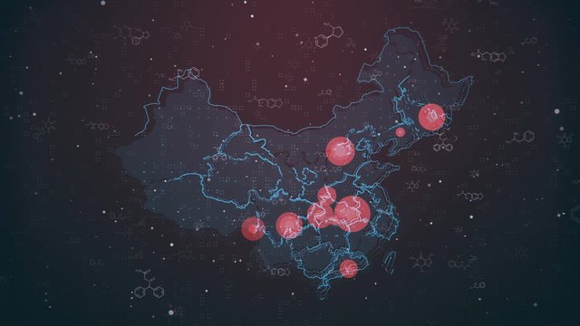 Motion graphics map of China with the localization and spread of the epidemic across the country. Suitable for mapping outbreaks of diseases, epidemics, the spread of crisis situations and emergency.