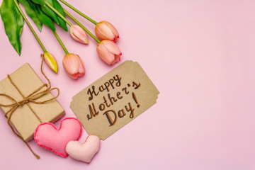 Greetings card for Happy Mothers Day. Gentle pink tulips, handmade felt hearts, zero waste...
