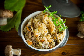 vegetarian cooked rice with mushrooms in a ceramic bowl