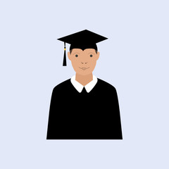 Flat character in the graduation mantle. Vector illustration of graduated student, boy with happy face in uniform.