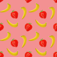 gouache seamless pattern with fruits and berries bananas and strawberry on pink background, vegetarian pattern for for diet, healthy eating. Use as restaurant menu, packaging, product design,textile.