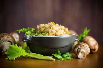 vegetarian cooked rice with mushrooms in a ceramic bowl