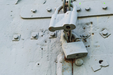 aged rusted metall gate closed steel old padlock safety