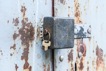 aged rusted metall gate closed steel old padlock safety