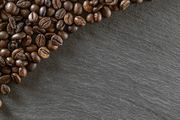 Cup coffee drink espresso background. Dark beans for black caffeine breakfast in cafe food. Brown roasted coffee seeds isolated for energy mocha, cappuccino ingredient. Copy space, top view