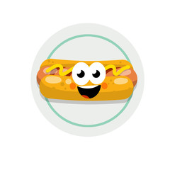 Hot dog on plate. Funny face. Smile and eye. Delicious Bun. Bread, sausage, ketchup. Icon Harmful diet. Cartoon flat illustration. Mascot of Fast junk food