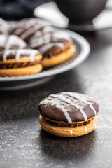 Sweet dessert with chocolate cream and chocolate icing