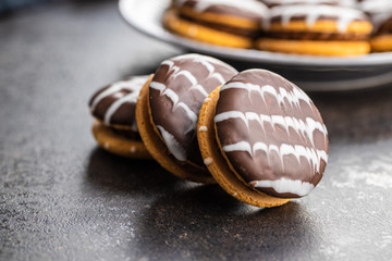 Sweet dessert with chocolate cream and chocolate icing