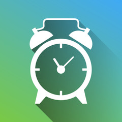 Alarm clock sign. White Icon with gray dropped limitless shadow on green to blue background. Illustration.