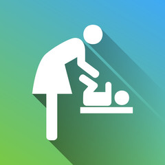 Women and baby symbol, baby changing. White Icon with gray dropped limitless shadow on green to blue background. Illustration.