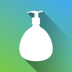 Gel, Foam, Liquid Soap. Dispenser Pump Plastic Bottle. White Icon with gray dropped limitless shadow on green to blue background. Illustration.