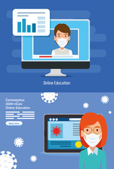 set scenes of education online for 2019 ncov vector illustration design