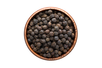 Black pepper grains spice in wooden bowl, isolated on white background. Seasoning top view