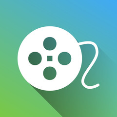 Film circular sign. White Icon with gray dropped limitless shadow on green to blue background. Illustration.