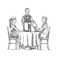 Man and woman sitting ata table in restaurant and waiter. Sketch. Engraving style. Vector illustration.
