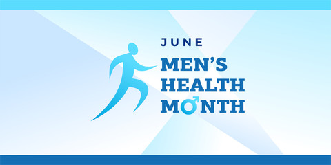 Men's health month. Vector banner, illustration, poster for social media. The figure of the running man and the text: Men's health month. Takes place in June. - obrazy, fototapety, plakaty