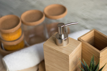 Wooden dispenser soap. Wooden soap dish and bath accessories