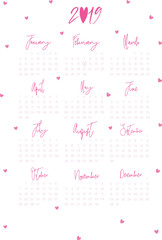 Calendar design for 2019. Simple background, pink design. The week starts on Monday. Set of 12 months.