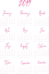 Calendar design for 2019. Simple background, pink design. The week starts on Monday. Set of 12 months.