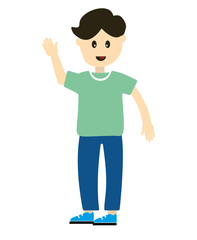 A young guy dressed in fashionable clothes smiles, and waves his hand. Cute cartoon characters isolated on white background. Colorful flat illustration