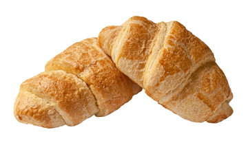 freshly baked two flavorful crispy croissants isolated on white