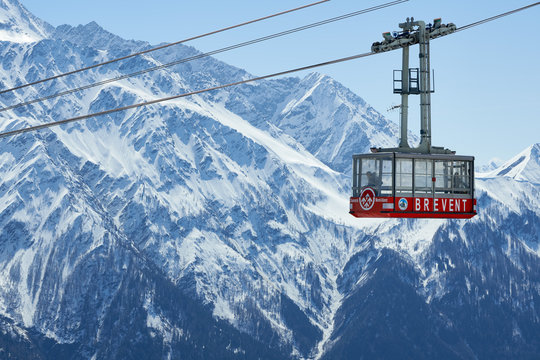 Le Br&eacute;vent, Hautes-Savoie, 74400, France - April 17, 2018: Cable car of the Brevent, winter sports resort in Chamonix Mont Blanc. European Alps