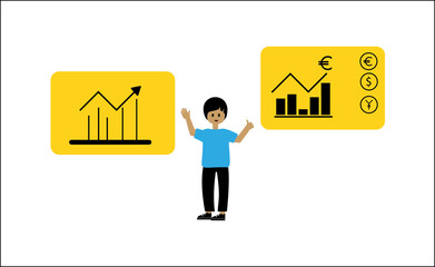 The guy points to a computer display with various diagrams, graphs. The concept of analysis of statistical data, financial statistics and analytics. Modern vector illustration in a flat style.
