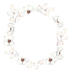 Frame with watercolor hand draw creamy flowers and leaves, soft pink rose, pampas grass, gipsofila and branches, isolated on white background
