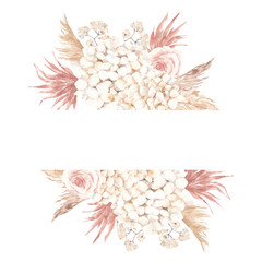 Frame with watercolor hand draw creamy flowers and leaves, soft pink rose, pampas grass, gipsofila and branches, isolated on white background