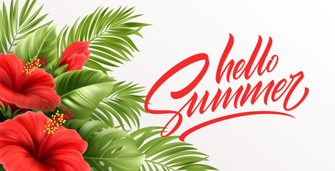 Hello summer handwriting lettering with tropical exotic palm leaves and hibiscus flowers isolated on white background. Vector illustration © vik_y
