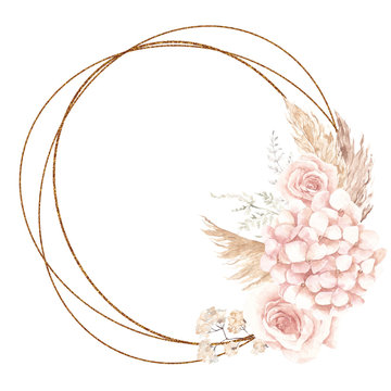 Watercolor frame with creamy flowers and leaves, graphic geometry figure, isolated on white background