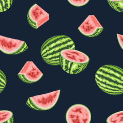 Seamless pattern with watermelon slices on dark blue background.