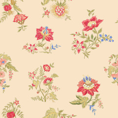 Fantasy flowers in retro, vintage, jacobean embroidery style. Embroidery imitation with beads and sequins. Seamless pattern, background. Vector illustration.
