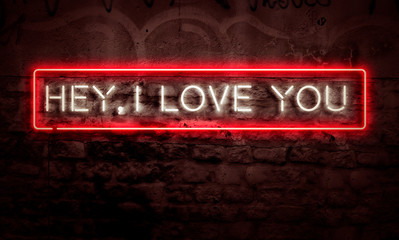 Obraz premium Hey I Love You Neon Light Sign On Brick Graffiti Creative Concept