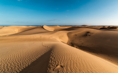 Fototapeta na wymiar Vista de Playa del Inglés desde las dunas de Maspalomas al atardecer. En el suelo, el viento dibuja surcos (Gran Canaria)