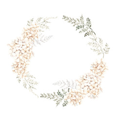 Watercolor wreath with creamy flowers and leaves, isolated on white background