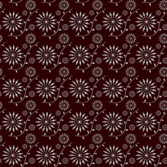 seamless retro pattern with flowers and leaves, maroon colour background white flower vector illustration.