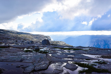 Beautiful landscapes of the Norwegian mountains on the way to Kjeragbolten - the most dangerous stone in the world, which is stuck between the rocks at an altitude of 984 meters above the Lysefjorden.