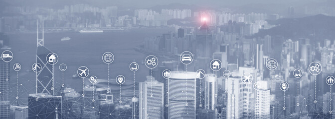 Technology Internet of things wireless communication iot concept networking. Modern city skyline double exposure mixed media.