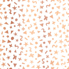Copper foil geometric shapes seamless vector pattern. Triangles, dots, stars, and circles faux metallic rose golden texture on a white background. Memphis style backdrop for surface pattern decor