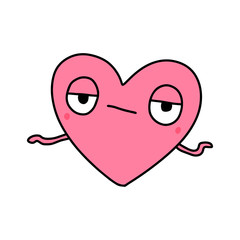 Sad tired heart symbol doodle illustration icon in cartoon comic kawaii face