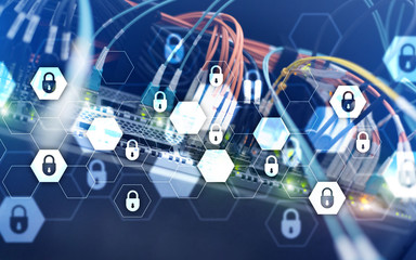Server rack room digital security data protection concept.