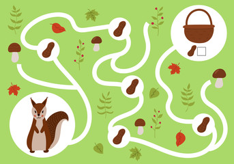 Help the squirrel collect all nuts to the basket. Educational maze game for preschool children. Learn counting. Write answer. Activity worksheet for kids.