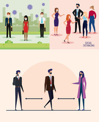 set banners of campaign distancing social at office with business people vector illustration design