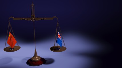 Flags of China and Australia on the bowls of the balance scales on a blue background. 3d rendering