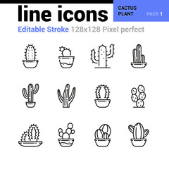 Cactus plant line icons set - Editable Stroke, Pixel perfect thin line vector icons for web design and website application.