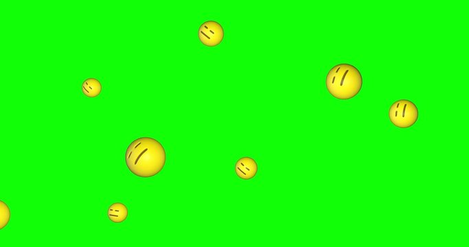 Rain of emojis expressionless falling on green screen background. Neutral emoticons flying in chroma key. Indifferent face expression. Social media concept. 4k animation