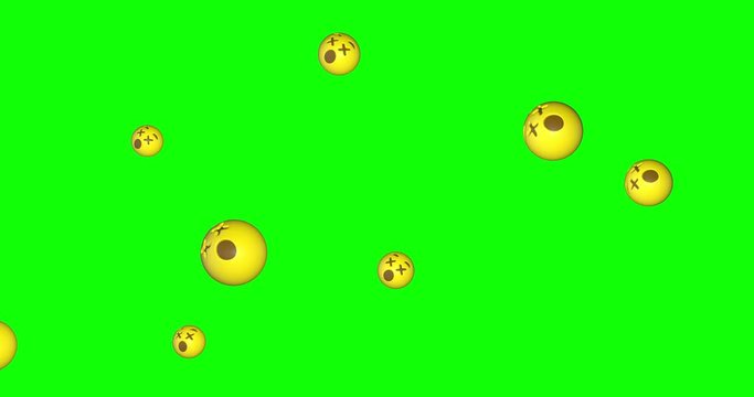 Rain of emojis dizzy falling on green screen background. Xox emoticons flying in chroma key. Cross eyes face with sick expresion. Social media concept. 4k animation
