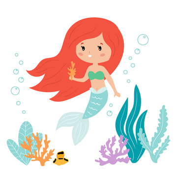 Cute kawaii cartoon mermaid with seaweed and coral. Vector illustration for children books and greeting cards.