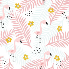 Tropisch naadloos patroon met flamingo en bladeren. Vector hand getekende illustratie.